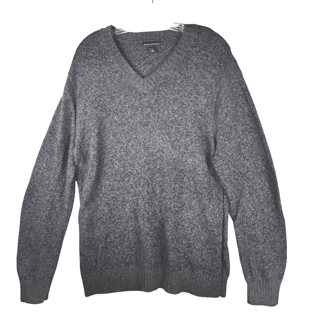 Banana Republic Mens XL V-Neck Sweater Gray Marl Knit Ribbed Trim Pullover - Picture 2 of 9